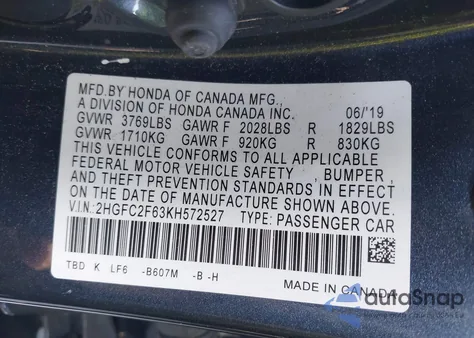 2019 Honda Civic Lx from USA, damaged, VIN 2HGFC2F63KH572527